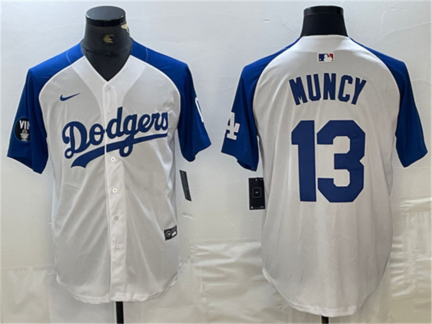 Men's White/Blue Los Angeles Dodgers #13 Max Muncy Vin Patch Cool Base Stitched Baseball Jersey
